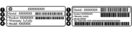 Osa (1) Sarjanumero (2) Tuotenumero (3) Takuuaika (4) Mallinumero (vain tietyissä malleissa) Microsoft Certificate of Authenticity -aitoustodistustarra (vain tietyissä Windows 8 -versiota edeltävissä