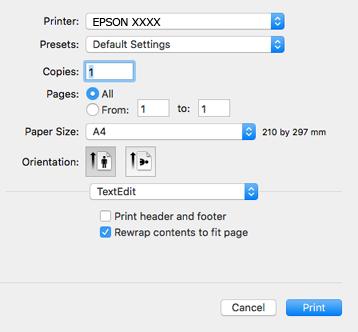 Verkkopalvelu- ja ohjelmistotiedot Mac OS-tulostinohjaimen opas Tulostusvalintaikkuna Vaihda ponnahdusvalikko näytön keskelle, kun haluat esiin enemmän kohteita.