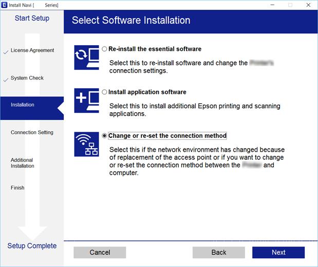 Verkkoasetukset Valitse Vaihda tai aseta yhteysmenetelmä uudelleen näytöstä Valitse ohjelmiston asennus ja valitse sitten Seuraava.