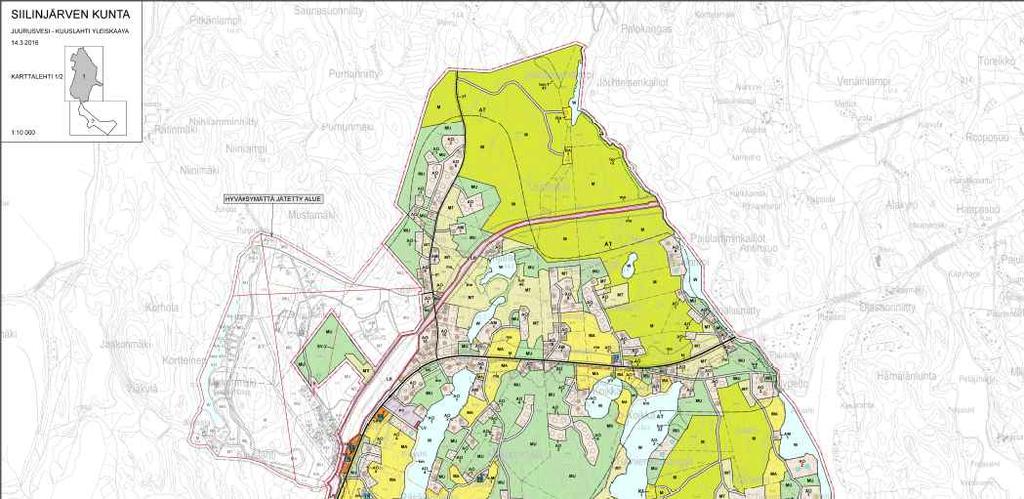 Kuva 8-8. Ote Juurusvesi-Kuuslahti yleiskaavasta, hyväksytty 25.4.2016. Hyväksymättä jätetty alue on esitetty himmeällä rajauksella kaava-alueen luoteiskulmassa.