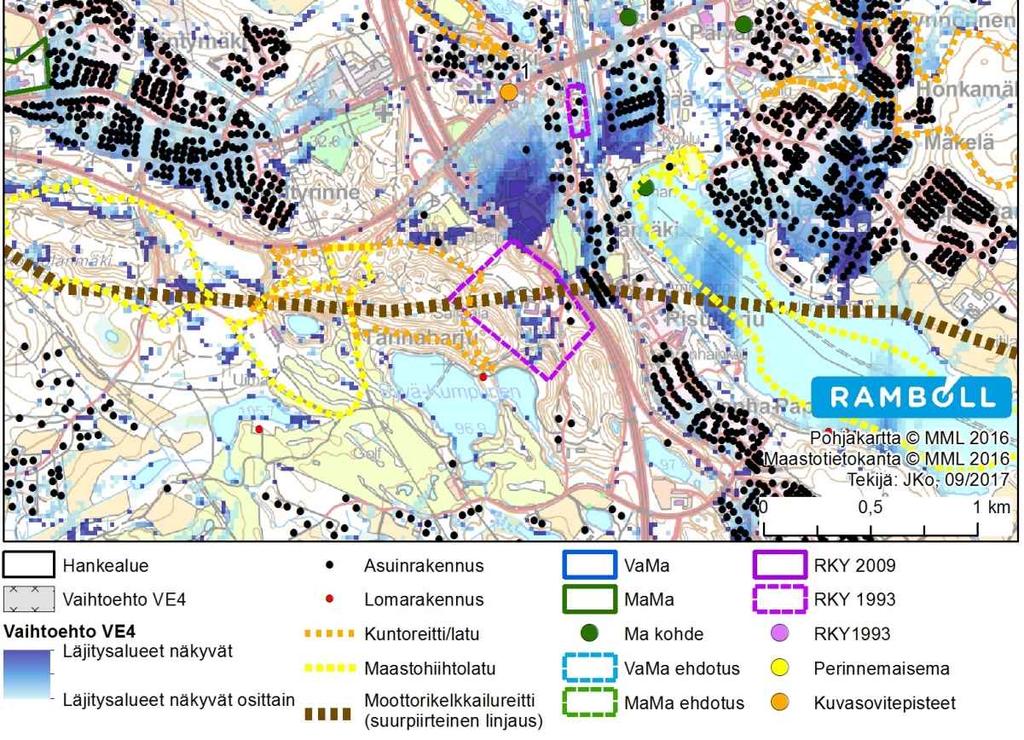 vaihtoehdon VE4 näkymäalueanalyysin tulokset. Lähimaisema Hankealueen ympäristössä maanpinnan muodot vaihtelevat.