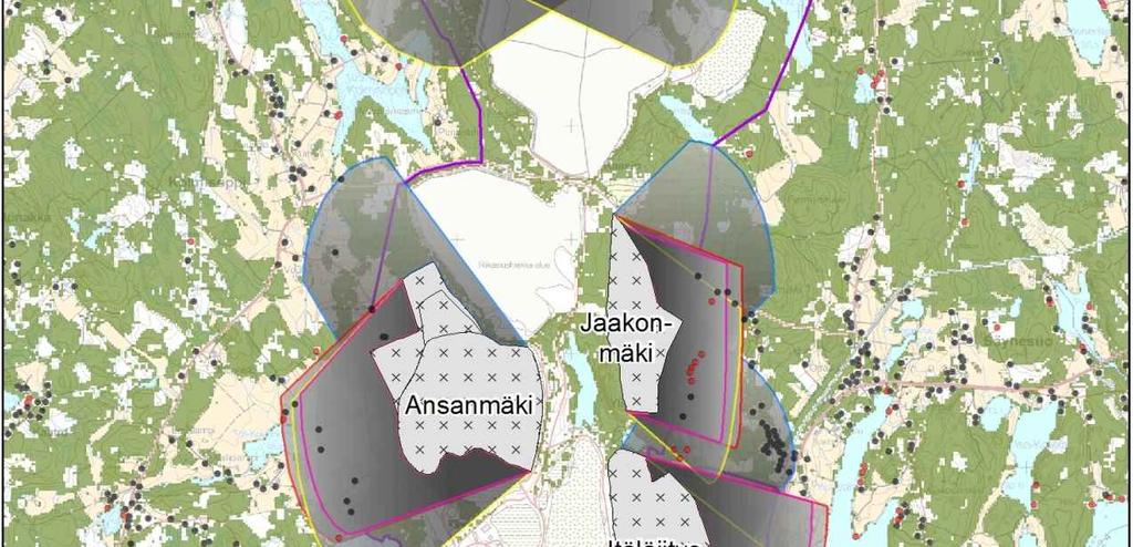 ) aiheuttama varjostus tunti auringonnousun jälkeen ja ennen auringonlaskua niillä suunnilla kuin
