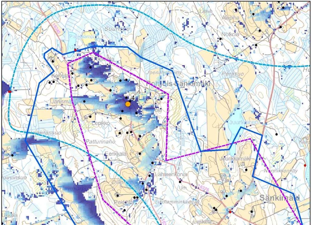Kuva 8-23. Kaivosalueen itäpuolella sijaitseva Sänkimäen Pohjois-Sänkimäen maisema-alue, alueen asutus ja vaihtoehdon VE1 näkymäalueanalyysin tulokset.