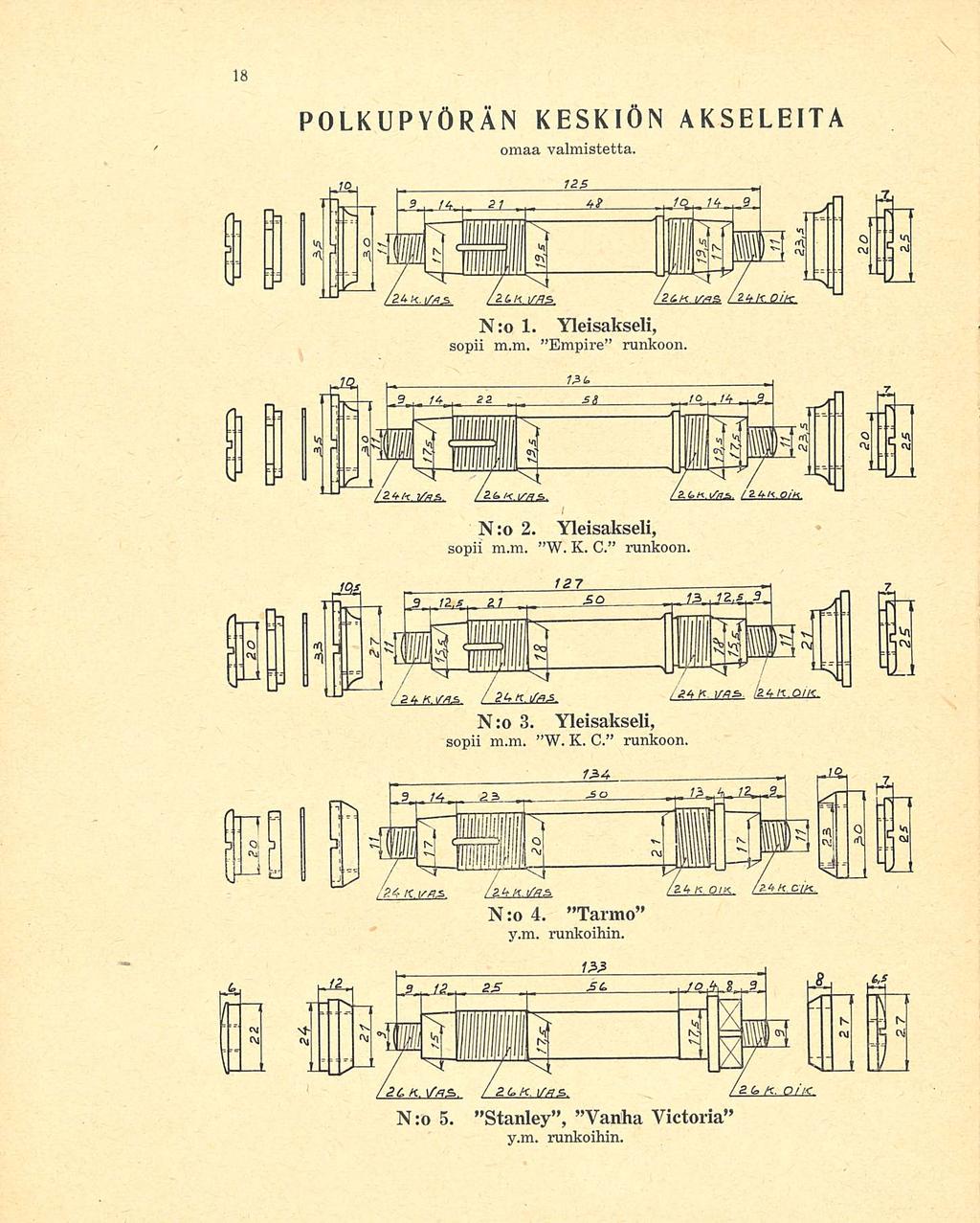 POLKUPYÖRÄN KESKIÖN AKSELEITA omaa valmistetta. N:o 1. Yleisakseli, sopii m.m. "Empire runkoon. N:o 2. Yleisakseli, sopii m.m. W. K. C.