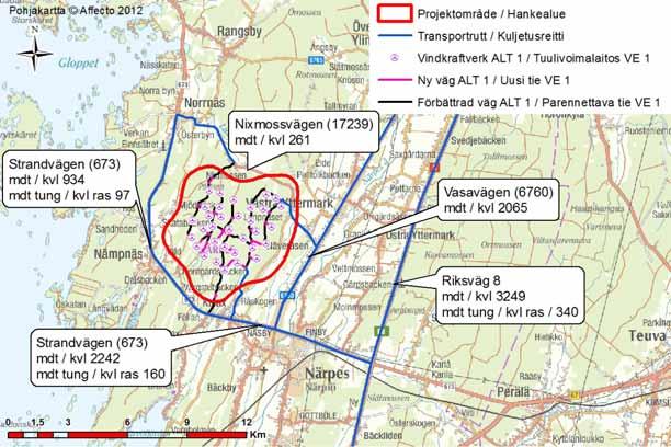 14 (21) Liikennevaikutukset Huomattavimmat vaikutukset liikenteeseen syntyvät rakennusaikana, mm. betonin, murskeen ja tuulivoimaloiden osien kuljetuksista.