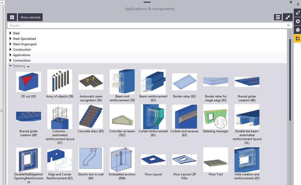 Komponenttikirjasto löytyy näkymän oikeasta reunasta, ja se aukeaa klikkaamalla kuvaketta applications and components.