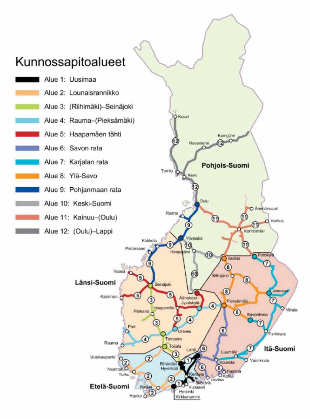 Liite 2 Suomen rataverkon jako kunnossapitoalueisiin Kunnossapitoalueet Alue 1 Uusimaa Alue 2 : Lounaisrannikko Alue 3 : (Riihimäki V-Seinaioki Alue 4.