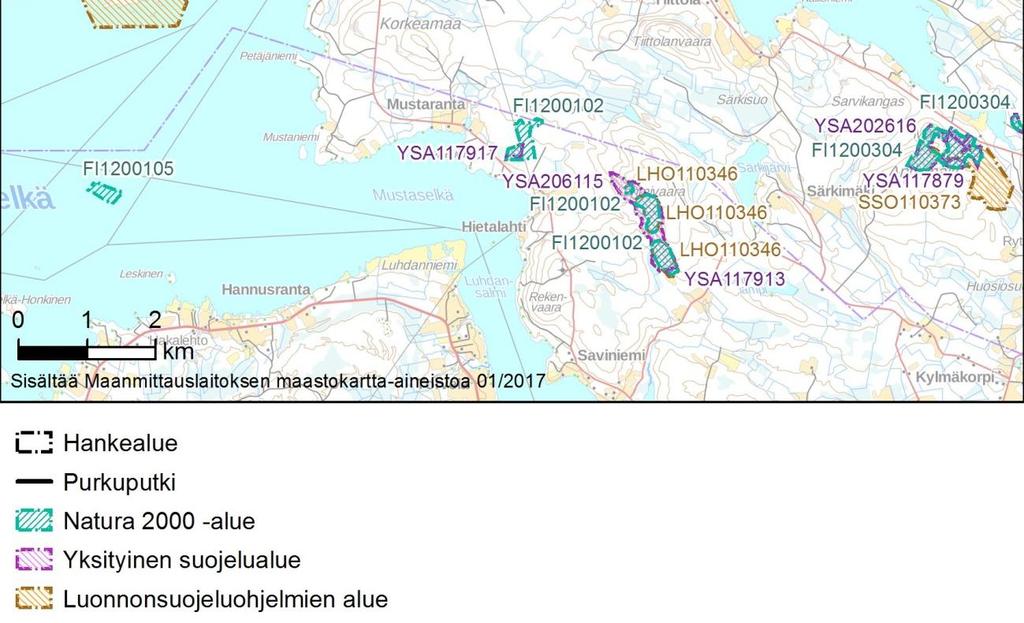 Muut suojelualueet sijoittuvat kauemmaksi. Kuva 6-21. Hankealueen ympäristössä sijaitsevat Natura 2000 alueverkoston kohteet, luonnonsuojelualueet sekä muut aluemaiset suojelukohteet.