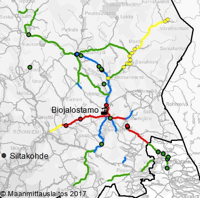 Kemijärven biojalostamo ennen biojalostamon rakentamista, n. 45 M (punainen) ennen biojalostamon tuotannon alkamista, n. 41 M (sininen) Biojalostamon käynnistymisen jälkeen, n.