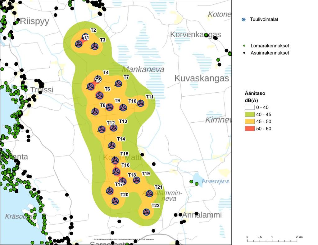 Kuva 3: A-painotetut äänitasot Korpi-Matin alueella. 2.4 Matalataajuisen melun mallinnus Matalataajuisen melun laskenta on suoritettu ympäristöministeriön mallinnusohjeistuksen mukaisesti 4.