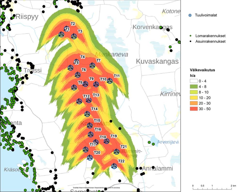 Kuva 5: Tuulivoimaloiden aiheuttama välketuntien määrä ilman puuston vaikutusta. Taulukko 10: Välkevarjostusvaikutus vertailukiinteistöjen kohdilla.