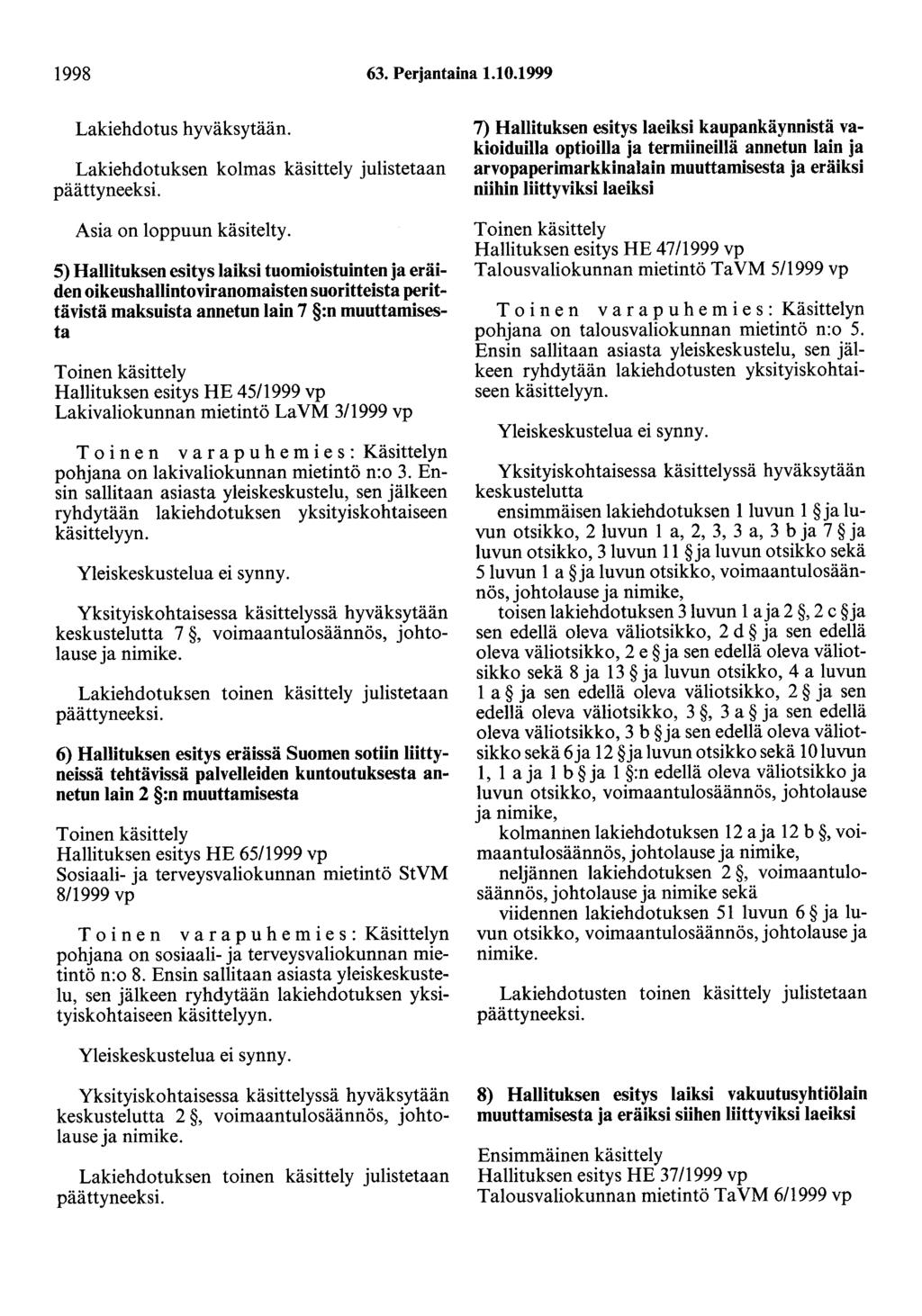 1998 63. Perjantaina 1.10.1999 Lakiehdotus hyväksytään. Lakiehdotuksen kolmas käsittely julistetaan Asia on loppuun käsitelty.