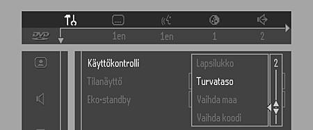 Käytöneston kytkentä ja katkaisu 1 Levyn toiston ollessa pysäytetty valitse Features-valikosta painikkeilla 3/4 ACCESS CONTROL. 2 Anna 4-numeroinen koodi. Anna koodi tarvittaessa toisen kerran.