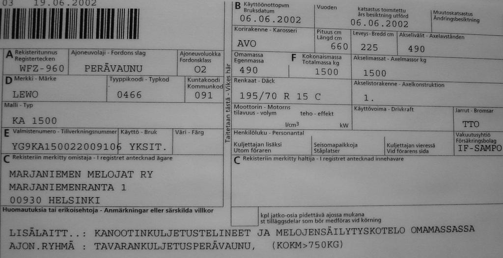 Tutki oman autosi rekistöröintitodistuksen teknisestä osasta: Omamassa, kokonaismassa, akselimassat. Kytkentätiedot, perävaunun ollessa jarruin / jarruitta.