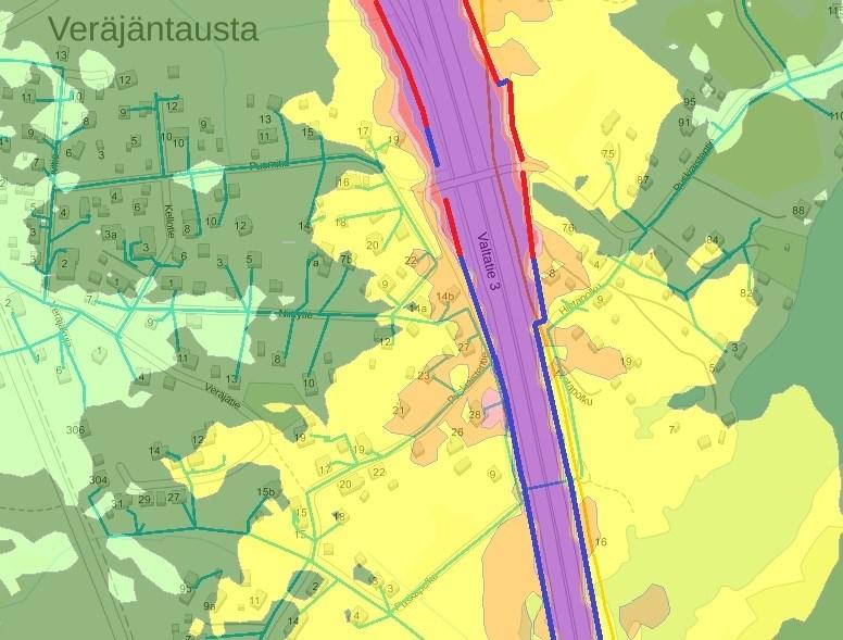 KULJU, VERÄJÄNTAUSTAN ALUE (meluvalliosuudet) Alueen itäpuolella on omakotitaloasutusta, joiden asukkailta saatiin runsaasti vastauksia koetusta meluhaitasta kunnan järjestämässä melukyselyssä.