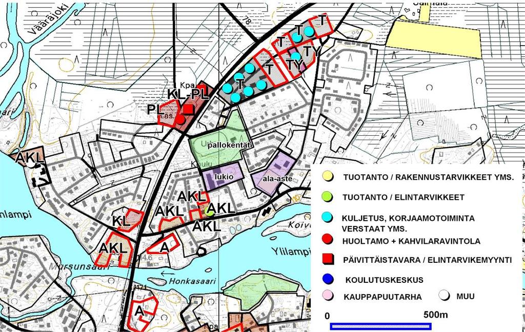 Työpaikka- ja liikerakentamisen alueet ja niiden toteutuneisuus joen pohjoispuolella. Tienvarteen ei sijoitu vapaita liikepaikkoja omalla liittymällä.