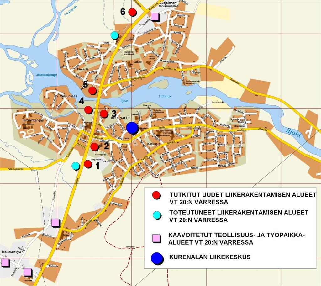 7 Vertailtavien liikepaikkavaihtoehtojen sijainti VT 20:n varressa 1 Koillisporttia vastapäätä oleva alue 2 Kurenalan nykyinen ala-aste 3 Varsitien liittymässä tien itäpuolella