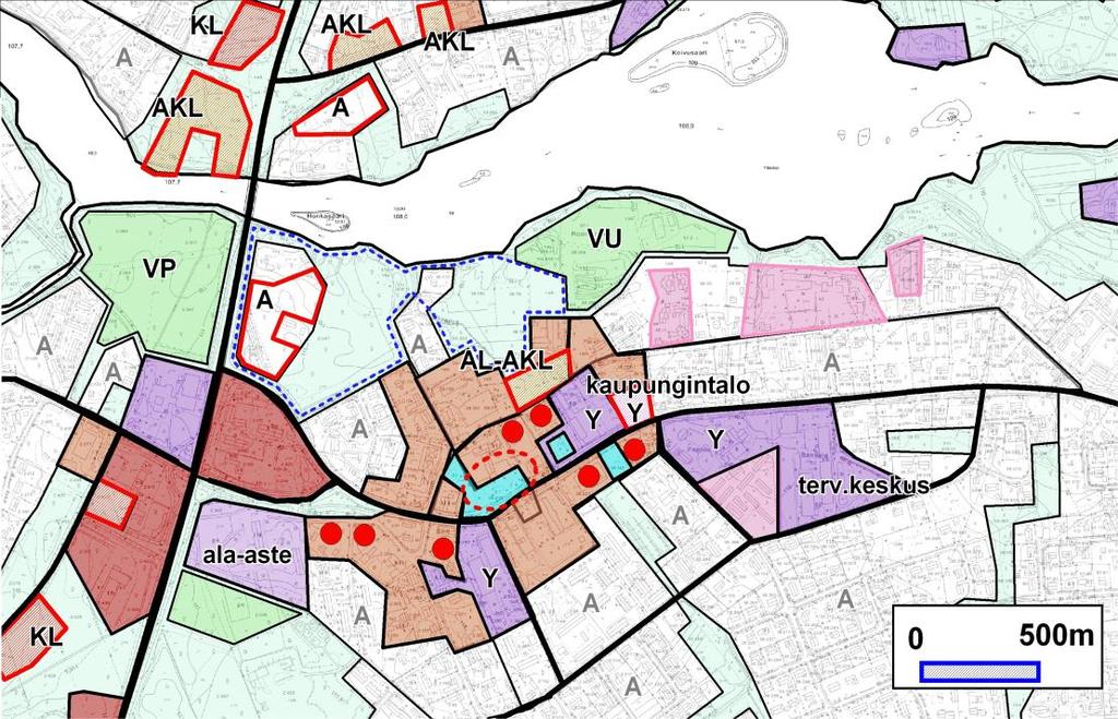 Palvelujen ja liikerakentamisen alueet keskustassa, toteutumattomat alueet esitetty punaisella rajauksella, kirjaintunnus osoittaa suunnitellun maankäytön.