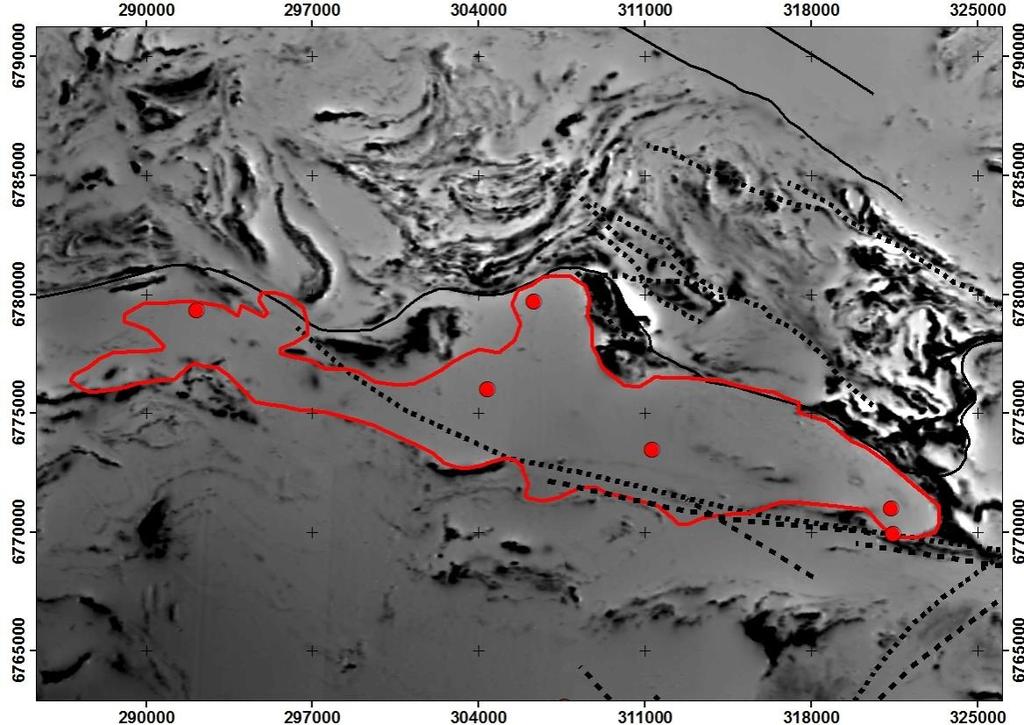 112 Kuva 2. Urjalan granitoidialueen rajaus (punainen viiva) aeromagneettisella kartalla.