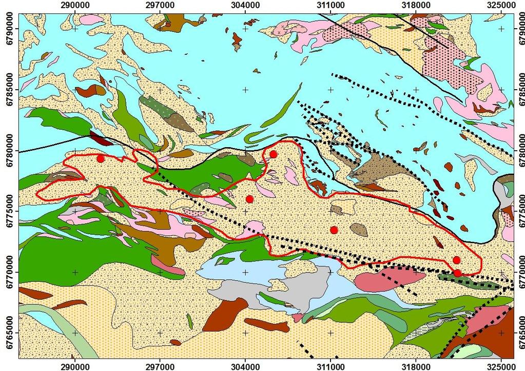 Kuva 3. Urjalan granitoidialueen rajaus (punainen viiva) DigiKP kartalla.