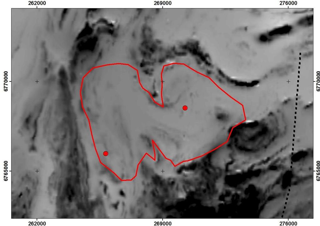 125 Kuva 2. Virttaan granitoidialueen rajaus (punainen viiva) aeromagneettisella kartalla.