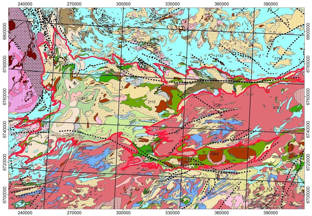 2 Kuva 1. Tutkimusalueen sijainti ja rajaus (punaisella viivalla) Kanta-Hämeen alueella. Taustalla oleva kallioperä on GTK:n DigiKP karttatietokannan (2016) mukaan.