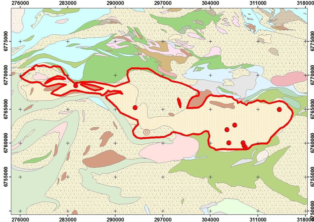 47 Kuva 3. Humppilan batoliitin rajaus (punainen viiva) DigiKP tietokannan kartalla (vrt. Kuva 2). Kemiallinen koostumus Humppilan graniittiset syväkivet sisältävät 60 77 wt% SiO2:ta ja 1.8 6.