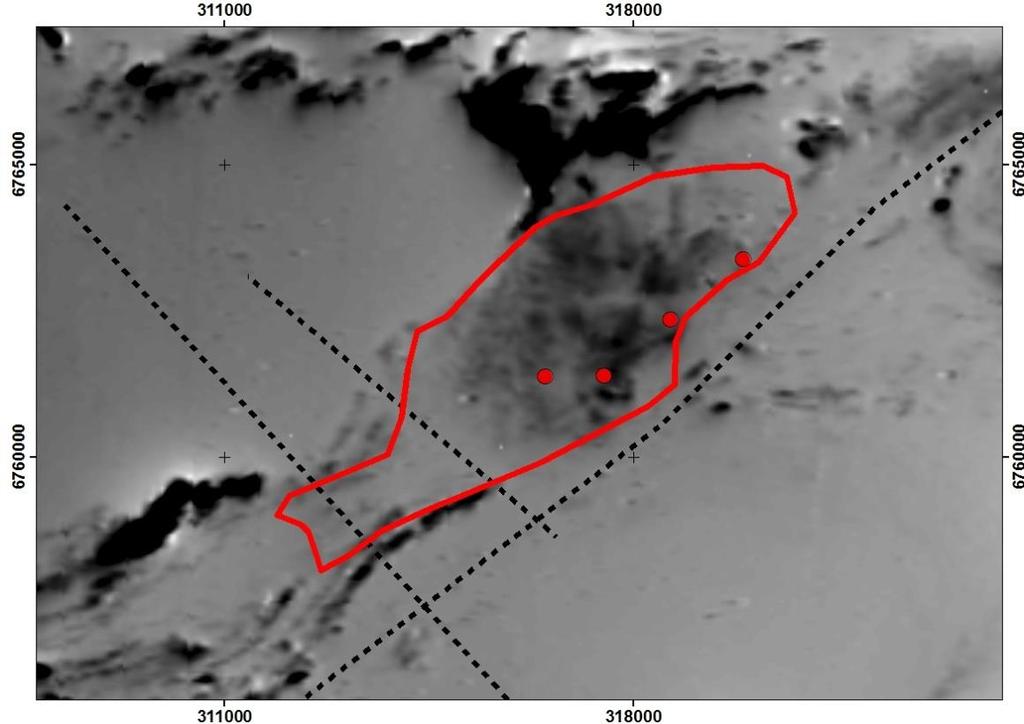 66 Kuva 2. Koijärven granitoidin alue rajattuna punaisella viivalla aeromagneettisella kartalla.