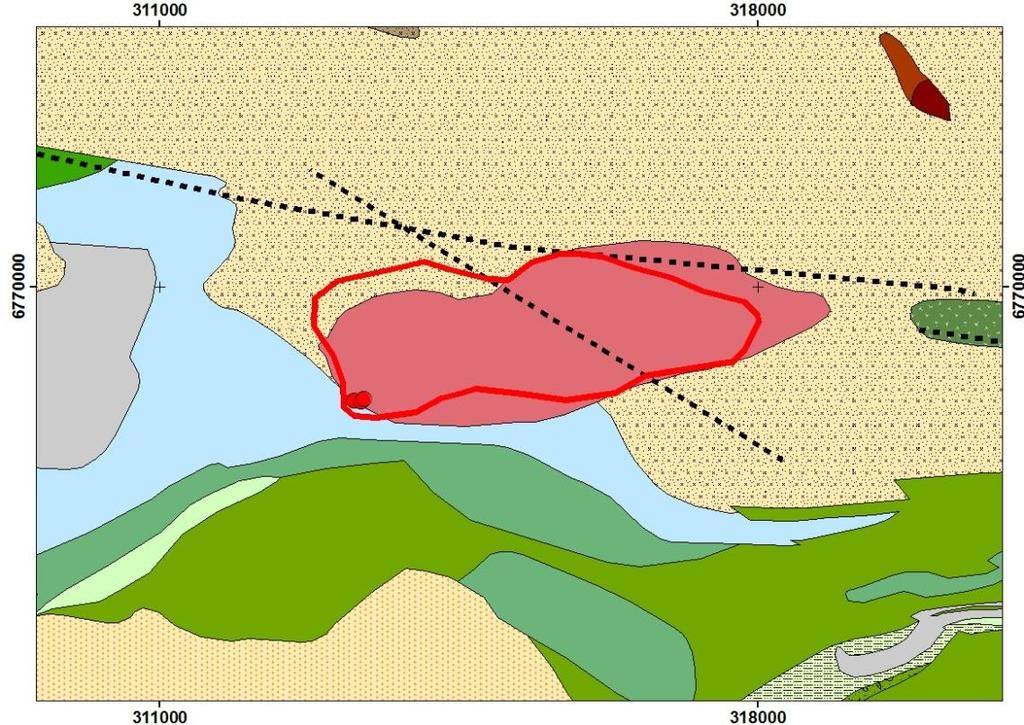 71 Kuva 4. Kokkojoen granitoidin rajaus (punainen viiva) DigiKP tietokannan kartalla. Musta katkoviivat edustavat alueellisia ruhjejaksoja.