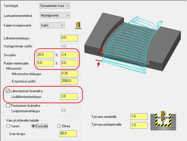 Dynaaminen jyrsintä 5: Kuorintarata 15. Valitse Työstöparametrit-sivu. 16. Aseta seuraavat parametrit: Sivusiirto 20.0%.