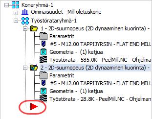 Dynaaminen jyrsintä 5: Kuorintarata 3. Siirrä punainen nuoli hiirellä kopioidun operaation alapuolelle. 4. Kopioi työstörata vielä kerran.