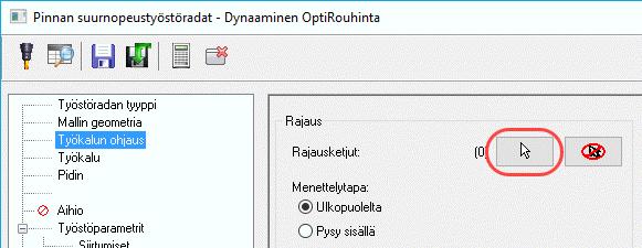 Dynaaminen jyrsintä 6: Dynaaminen OptiRouhinta Pinnan suurnopeustyöstöradat - Dynaaminen optirouhinta -valintaikkuna avautuu. 8. Valitse Työkalun ohjaus -sivu. 9.