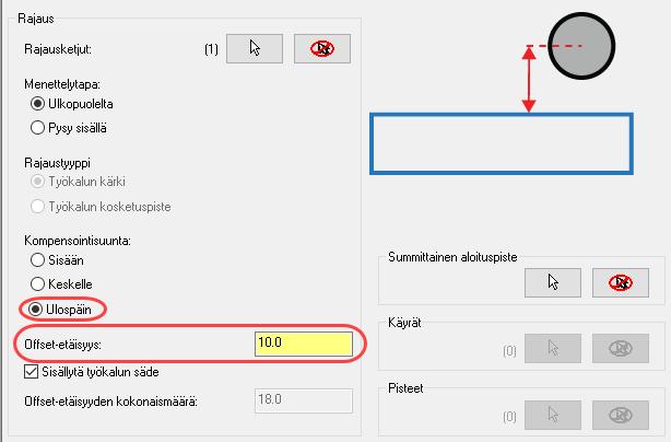 Dynaaminen jyrsintä 6: Dynaaminen OptiRouhinta 12. Työkalun keskiön rajauksella voidaan ohjata työkalun sijaintia kappaleen reunan ympärillä tai työstettävällä alueella.