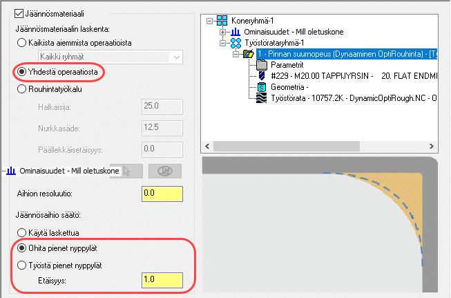 Dynaaminen jyrsintä 6: Dynaaminen OptiRouhinta 19. Aseta seuraavat parametrit: Jäännösmateriaalin laskenta: Yhdestä operaatiosta. Valitse operaatioluettelosta Aihiomalli - OP1 aihio.