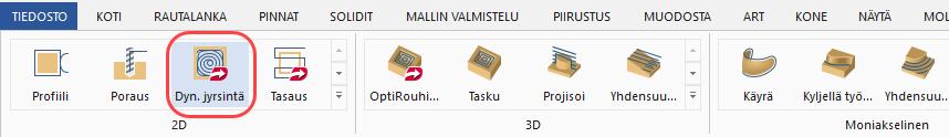 Dynaaminen jyrsintä 2: Dynaaminen jyrsintä 1. Valitse Dynaaminen jyrsintä 2D-ryhmästä Mill Työstöradat -välilehdellä.