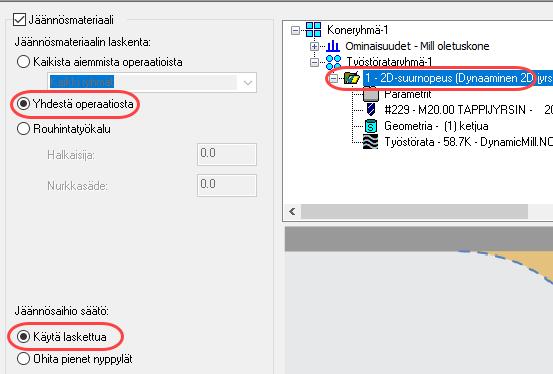 Dynaaminen jyrsintä 2: Dynaaminen jyrsintä 15. Aseta seuraavat parametrit: Jäännösmateriaalin laskenta: Yhdestä operaatiosta. Jäljellä oleva aihio lasketaan yksittäisestä operaatiosta.