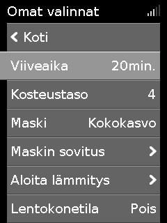 Voit katsoa tämän hetkisiä asetuksiasi korostamalla kohdan Omat valinnat ja painamalla säädintä. Voit tehdä henkilökohtaiset valintasi tästä.
