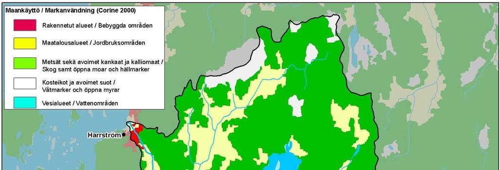 2.3 Maankäyttö Harrströminjoen vesistöalueesta lähes 84 % on maatalousaluetta ja metsämaata. Suurin osa maatalousmaasta sijaitsee vesistöalueen länsiosissa pääuoman ja Bjurbäckenin varrella.