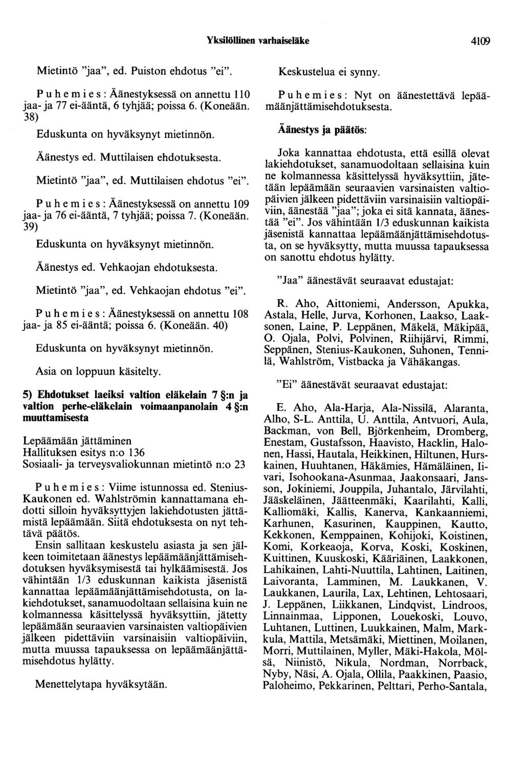 Yksilöllinen varhaiseläke 4109 Mietintö "jaa", ed. Puiston ehdotus "ei". P u h e m i e s : Äänestyksessä on annettu 110 jaa- ja 77 ei-ääntä, 6 tyhjää; poissa 6. (Koneään. 38) Äänestys ed.