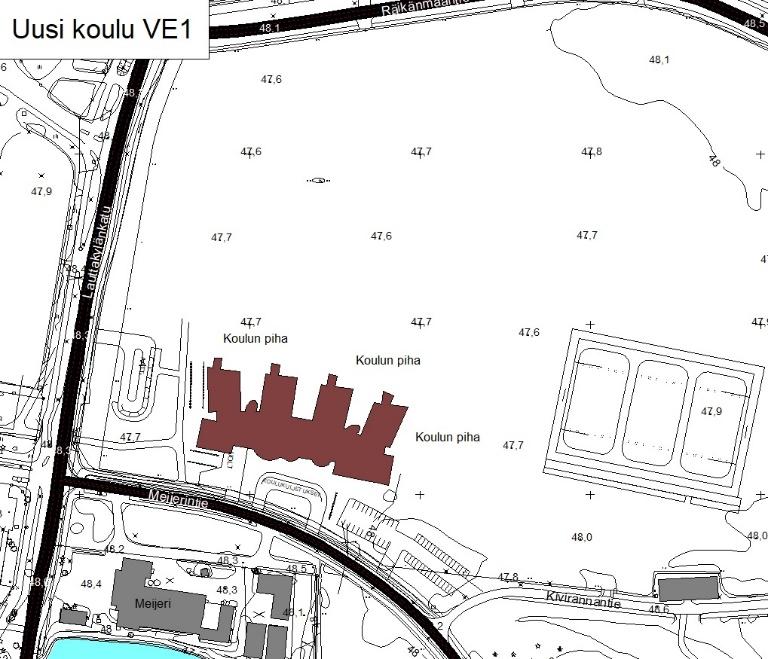 3 SUUNNITELLUT KOULUN VAIHTOEHDOT VE1 JA VE2 Lauttakylänkadun länsipuolella sijaitseva väliaikaiskoulu puretaan ja kadun toiselle puolelle rakennetaan uusi koulu.