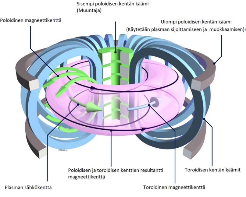 8 Kuva 2.1. Tokamakin magneettikentät ja kelat. (Eurofusion 2018b). Tokamakin magneettikentän muodostumiseen vaikuttavat ulkoiset magneetit, sekä plasman virtauksen itsensä aiheuttama magneettikenttä.