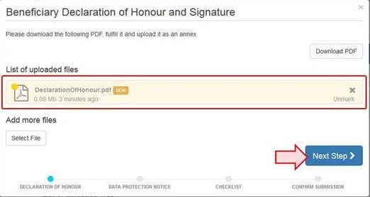 Step 1 - Declaration of Honour & Signature Merkitse, että liite on lisätty