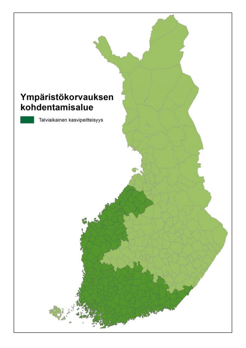 Kuva. 4. Ympäristökorvausjärjestelmässä määritelty talviaikaisen kasvipeitteisyyden kohdentamisalue, jolla toimenpiteestä maksetaan korotettua korvausta.