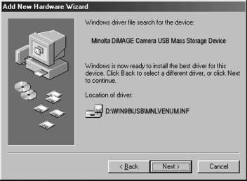 Uuden laitteen asennusvelho (Add new hardware wizard) vahvistaa ajurin sijainnin.