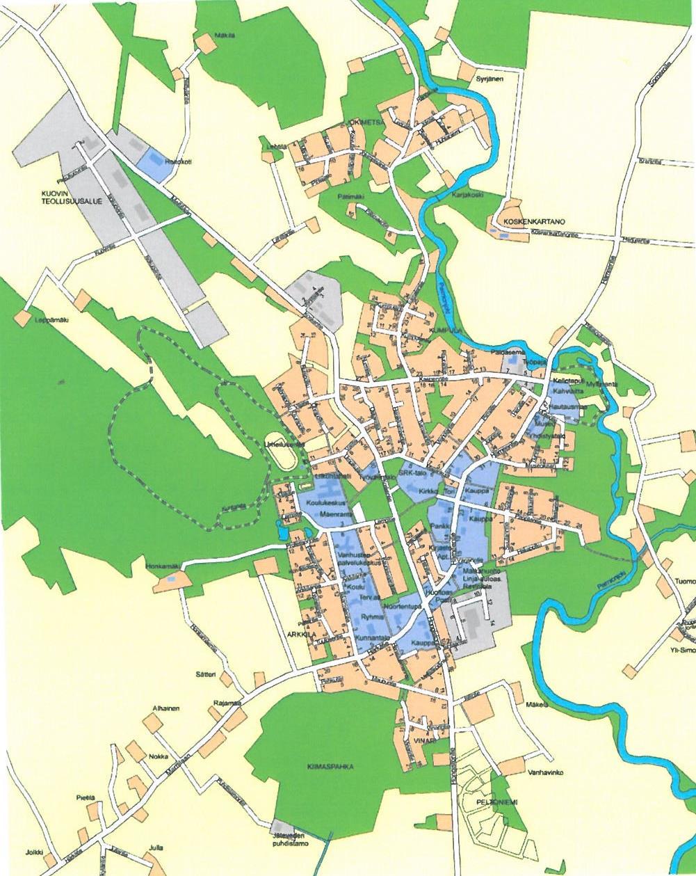 Karttaliite 1 JOKIMETSÄ 7 HUHDANOJA KUOVIN TEOLLISUUS ALUE LÄMPÖKESKUS 6 URHEILUPUISTO 1 KOULUKESKUKSEN PYSÄKÖINTIPAIKKA 8 5 KIRKONSEUTU 13 15 14 2 3 9 TEHTAANTIE VINARI 4 KOSKEN TL KUNNAN