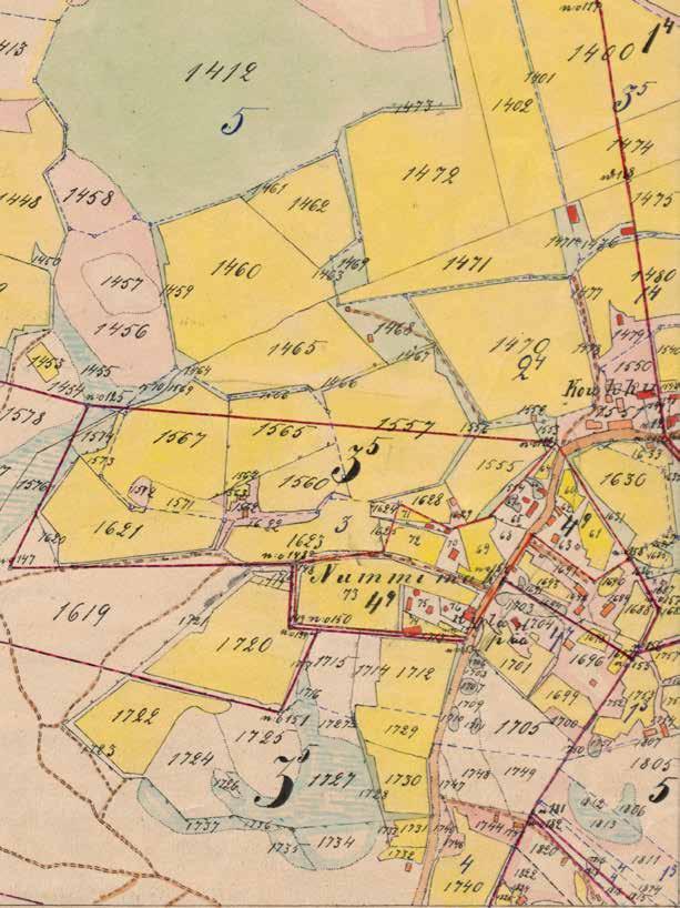 1800-luvun puolivälin tienoilla Jussilan ja Klaavolan talot näkyvät Ylikylässä punaisina alueina ja nimettyinä. KA. MHA. Pitäjänkartasto. Tuusula (2043 06 Ia.