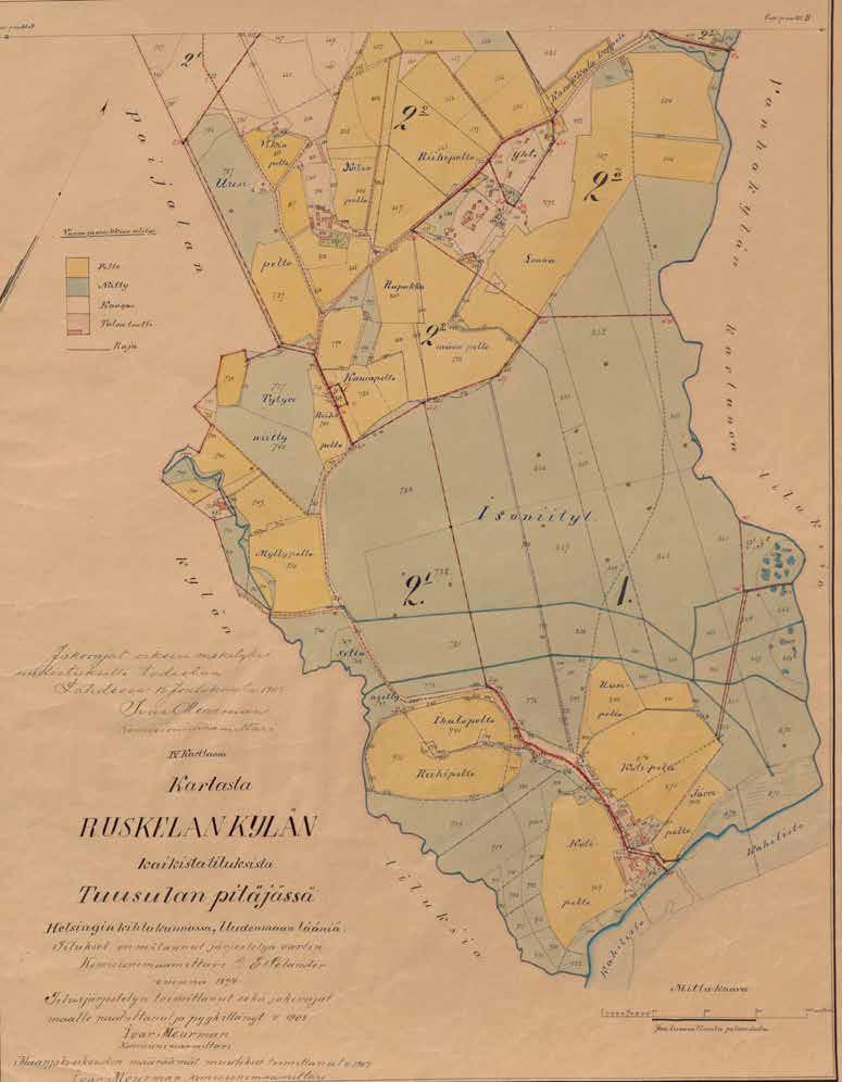 Ruskela; Isojaonjärjestelykartta ja asiakirjat 1894-1902 (B49i:7/5-21). KA. Ruskelan kylänmäki oli nykyisen Rantamon tienoilla 1760-80-luvulla.