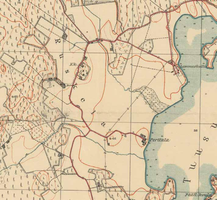 Ruskelan kylä ja Lammaskallio vuonna 1928 laadittussa topografikartassa.