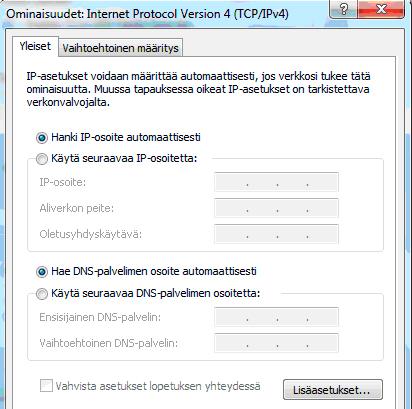 Oletusasetusten tulee olla kuvien mukaiset. IP-asetukset -välilehti: DHCP käytössä tulee näkyä IP-osoite -ikkunassa. Huom!