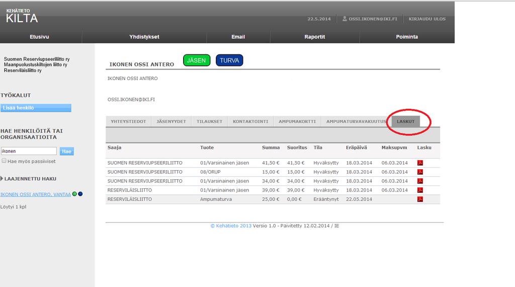 Laskut-välilehdeltä voit hakea jäsenelle lähteneet laskut pdf-muodossa. Tällä välilehdellä näkyy myös maksupäivämäärä, jos lasku on maksettu.
